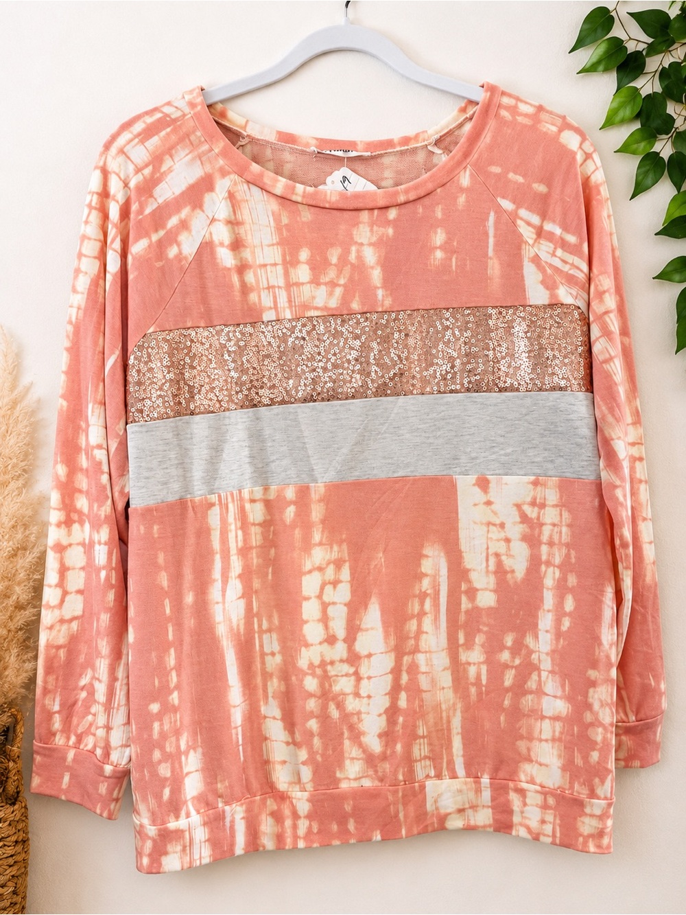 MACARON Peach Tie-Dye Pullover with Sequin Stripe